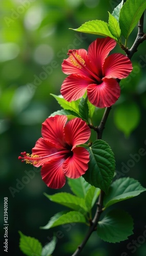 Red hibiscus flowers in full bloom on lush branch, leafy greens, plants