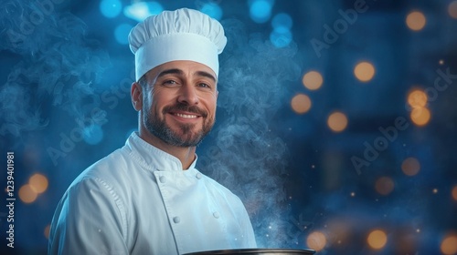 Wallpaper Mural A smiling male chef, wearing a white uniform, stands in a professional kitchen. Steam rises from a large pot in the background, which is decorated with blue and gold bokeh lights.  Torontodigital.ca