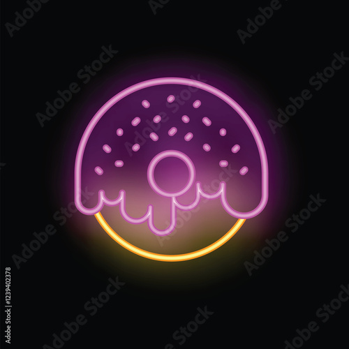 Neon sign depicting a delicious glazed donut with colorful sprinkles and dripping icing