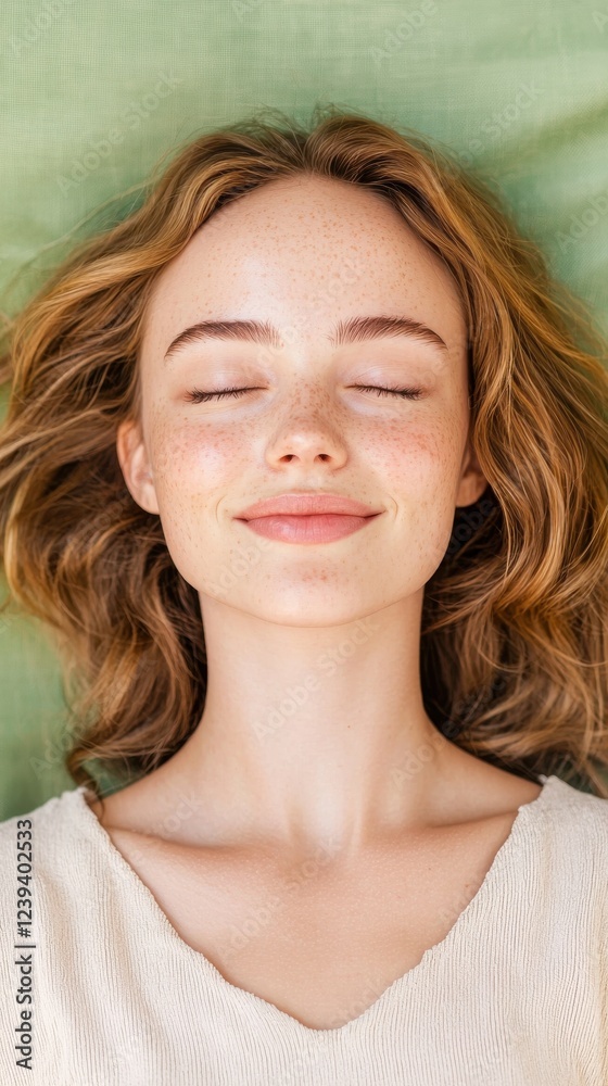 Close up portrait of a young woman with freckles and light brown hair lying down on a sage green background, eyes closed in peaceful expression. Soft lighting enhances her serene features. Close up portrait of a young woman with freckles and light brown hair lying down on a sage green background, eyes closed in peaceful expression. Soft lighting enhances her serene features.