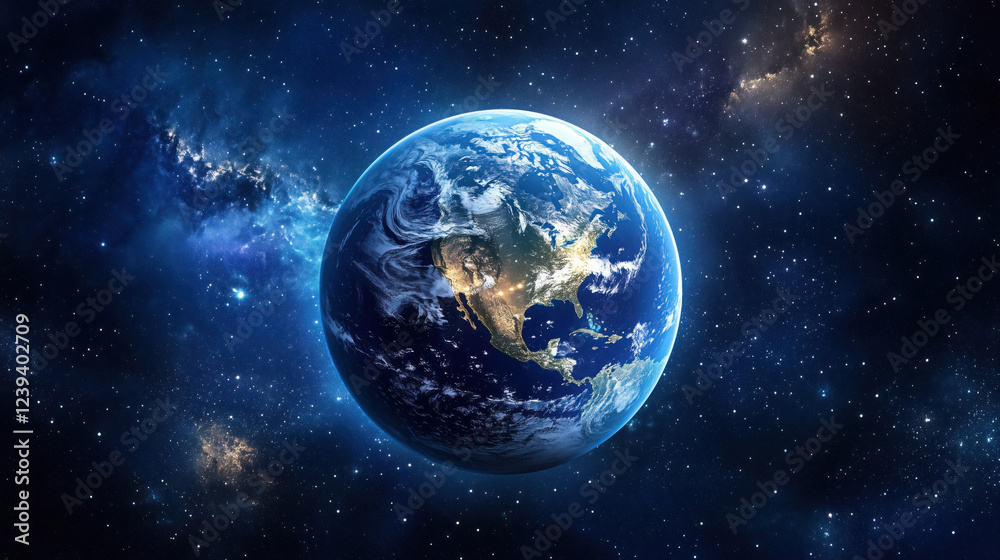 Obraz premium Earth Glowing at Night from Space with Twinkling City Lights Across Continents Against the Vast Dark Expanse of the Universe