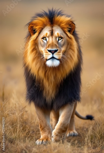 Majestic lion standing in grassy savannah, symbolizing strength and wildlife conservation. Great for safari, nature, and wildlife-themed events, World Lion Day, or educational projects
