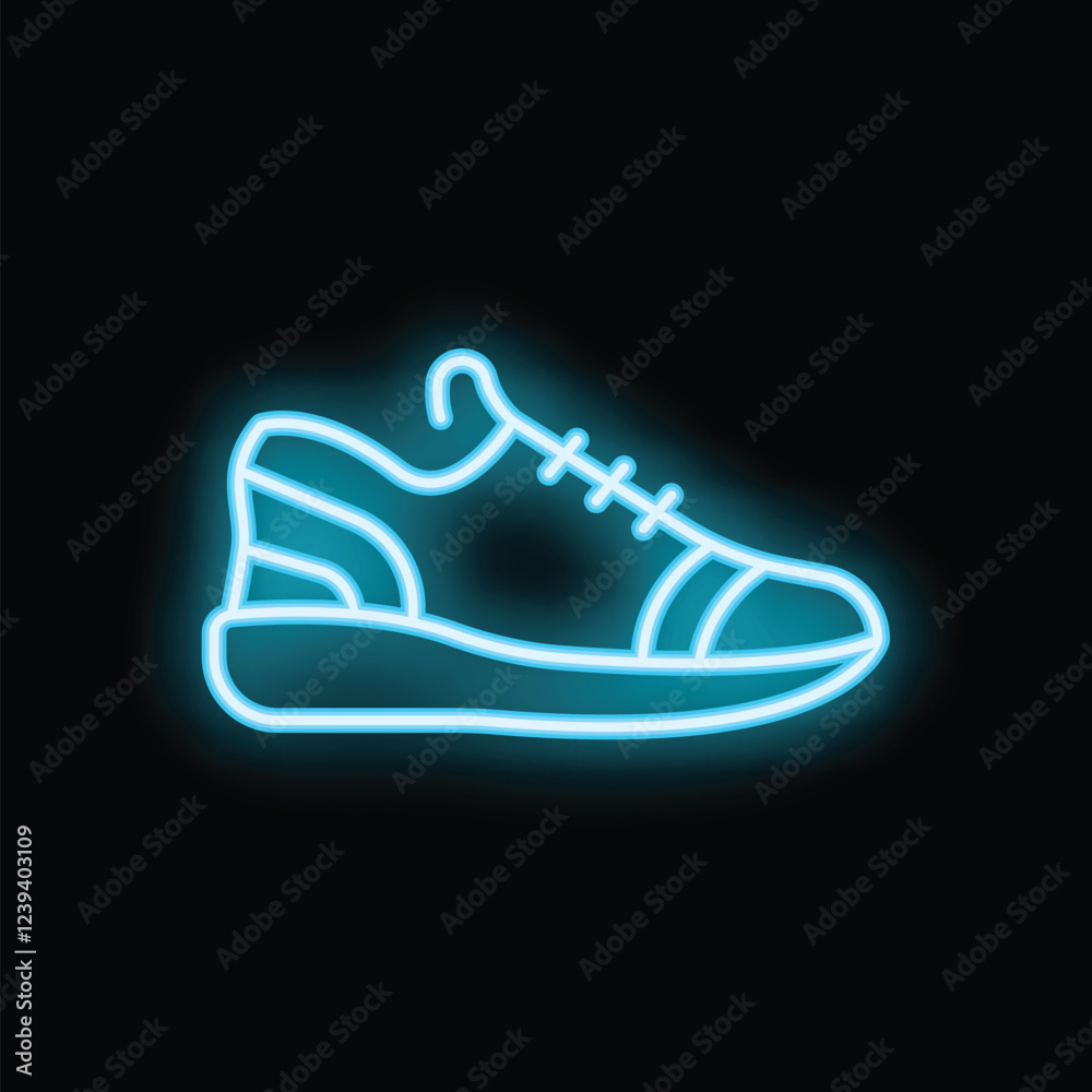Blue neon sign of a generic sneaker shoe glowing on black background Blue neon sign of a generic sneaker shoe glowing on black background
