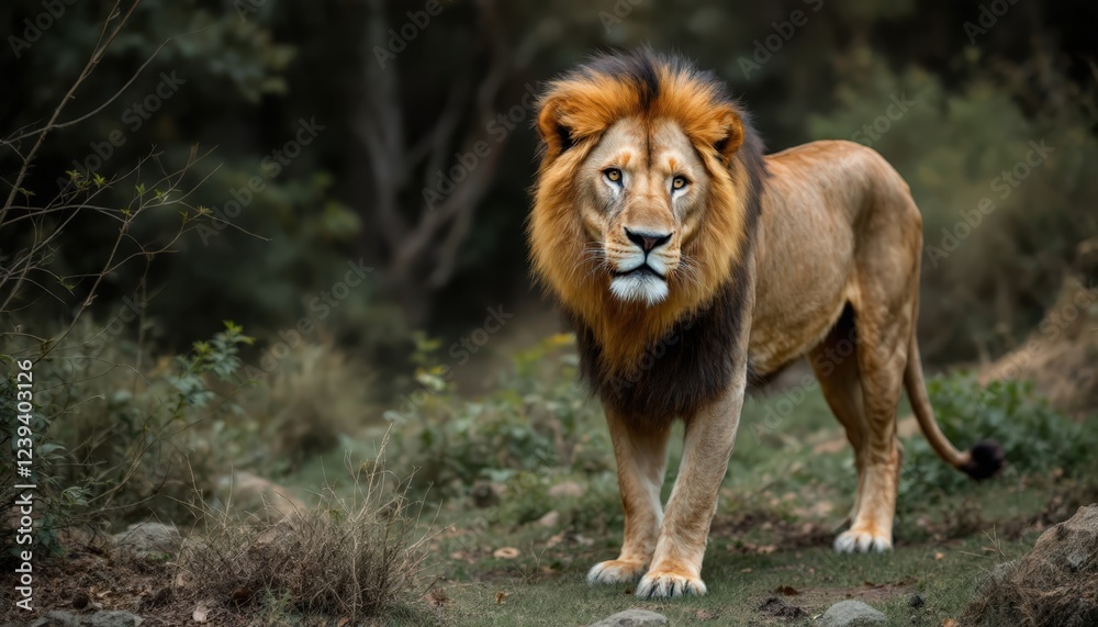 Majestic lion standing in grassy savannah, symbolizing strength and wildlife conservation. Great for safari, nature, and wildlife-themed events, World Lion Day, or educational projects Majestic lion standing in grassy savannah, symbolizing strength and wildlife conservation. Great for safari, nature, and wildlife-themed events, World Lion Day, or educational projects