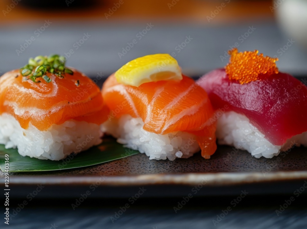 Stock images showcase plump salmon sushi set against a backdrop of warm, soft lighting Stock images showcase plump salmon sushi set against a backdrop of warm, soft lighting