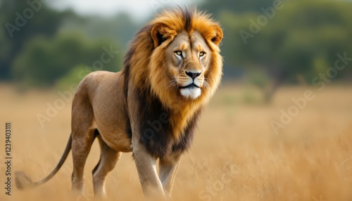 Wallpaper Mural Majestic lion standing in grassy savannah, symbolizing strength and wildlife conservation. Great for safari, nature, and wildlife-themed events, World Lion Day, or educational projects Torontodigital.ca