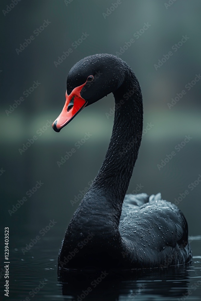 Fototapeta premium Elegant black swan floating on calm water