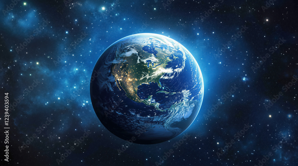 Earth Glowing at Night from Space with Twinkling City Lights Across Continents Against the Vast Dark Expanse of the Universe Earth Glowing at Night from Space with Twinkling City Lights Across Continents Against the Vast Dark Expanse of the Universe