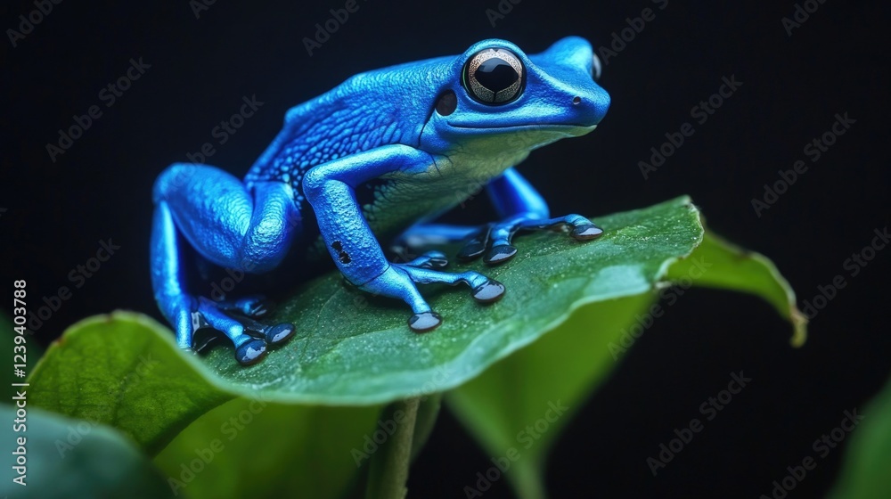 Obraz premium Close-up of poison dart frog with bright blue skin, sitting on green leaf. Dew droplets visible on surface of leaf. Animal is vibrant and colorful. Wildlife subject in focus against dark background.