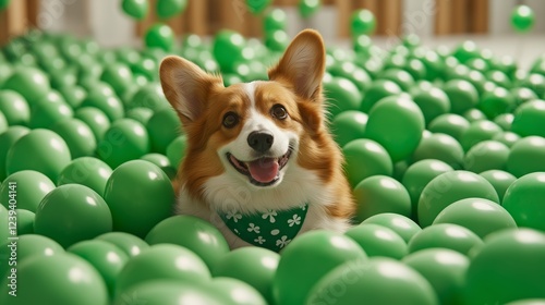 A joyful corgi wearing a shamrock-patterned green bandana sits happily among countless green balloons, creating a festive and playful atmosphere. The dog's wide smile and bright eyes capture a lively  photo