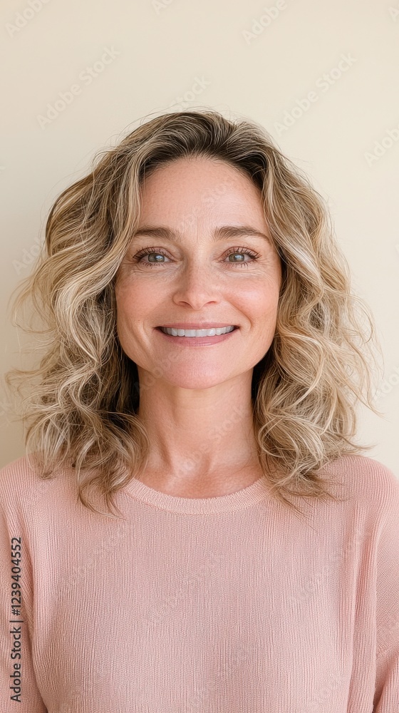 Portrait of a woman with blonde curly hair, wearing a pink sweater against a beige background. She is smiling broadly, and the image is well lit and has a warm tone. Portrait of a woman with blonde curly hair, wearing a pink sweater against a beige background. She is smiling broadly, and the image is well lit and has a warm tone.