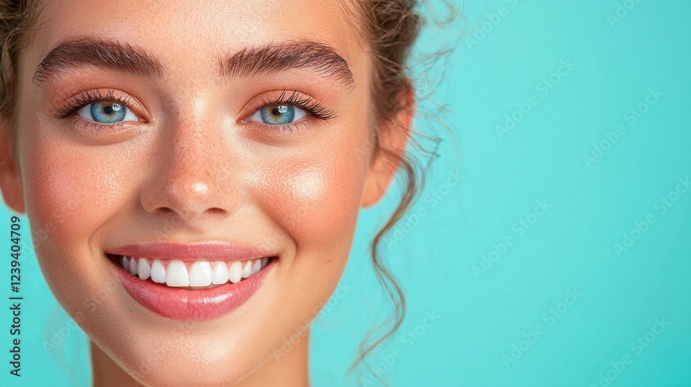 Naklejka premium Close up portrait of a young woman with freckles and glitter on her face, smiling brightly against a teal background. Her makeup is natural and her hair is light brown and curly.