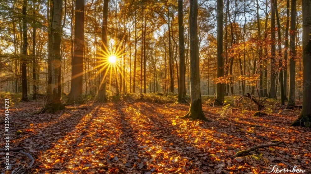 Obraz premium A peaceful woodland scene with sunlight filtering through the trees, casting long shadows on the forest floor covered with greenery