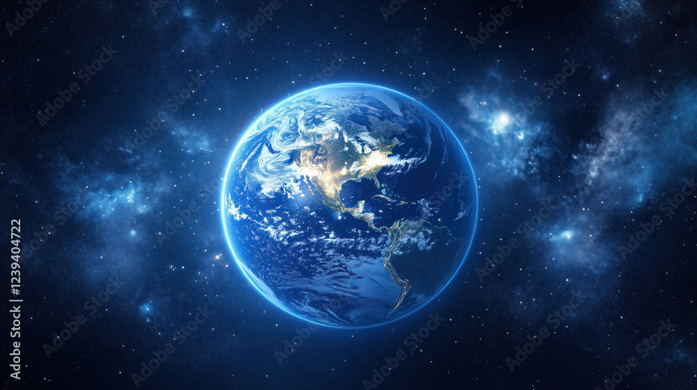 Obraz premium Earth Glowing at Night from Space with Twinkling City Lights Across Continents Against the Vast Dark Expanse of the Universe