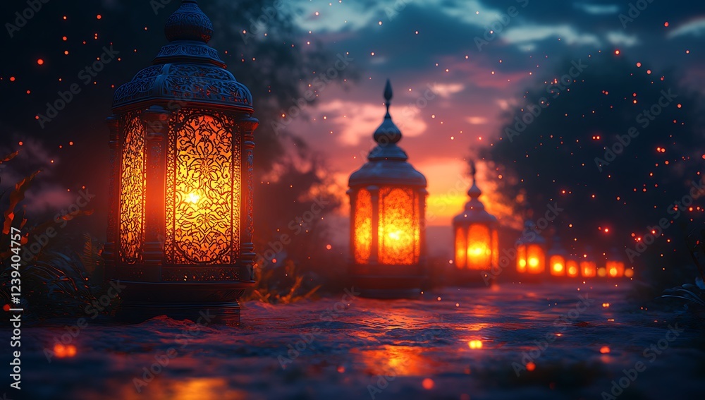 Fototapeta premium Serene Pathway with Glowing Lanterns and Colorful Sunset