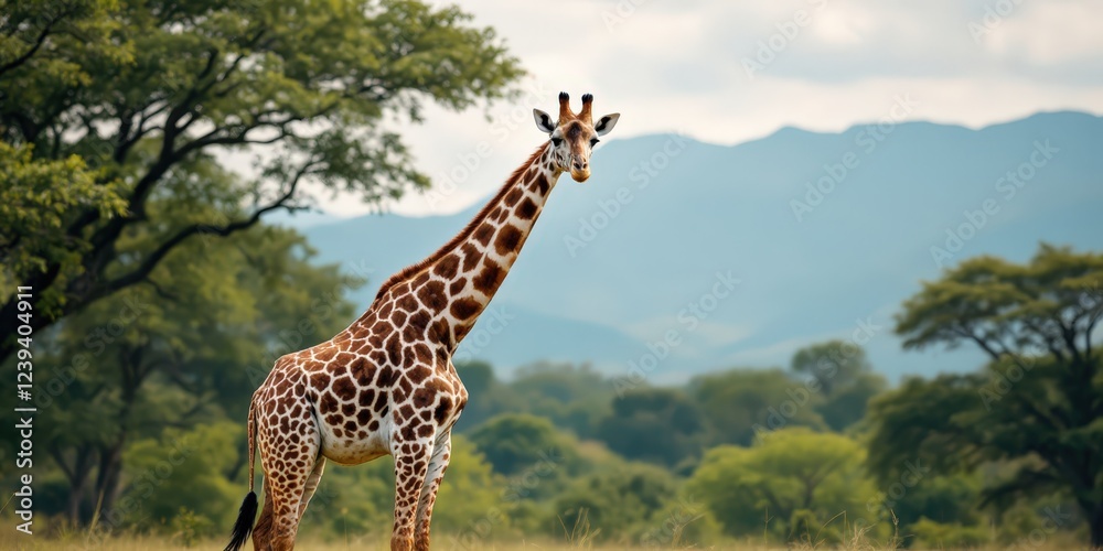 Obraz premium Giraffe standing in lush savannah with rainbow in background. Serene wildlife scene for nature and travel inspiration.