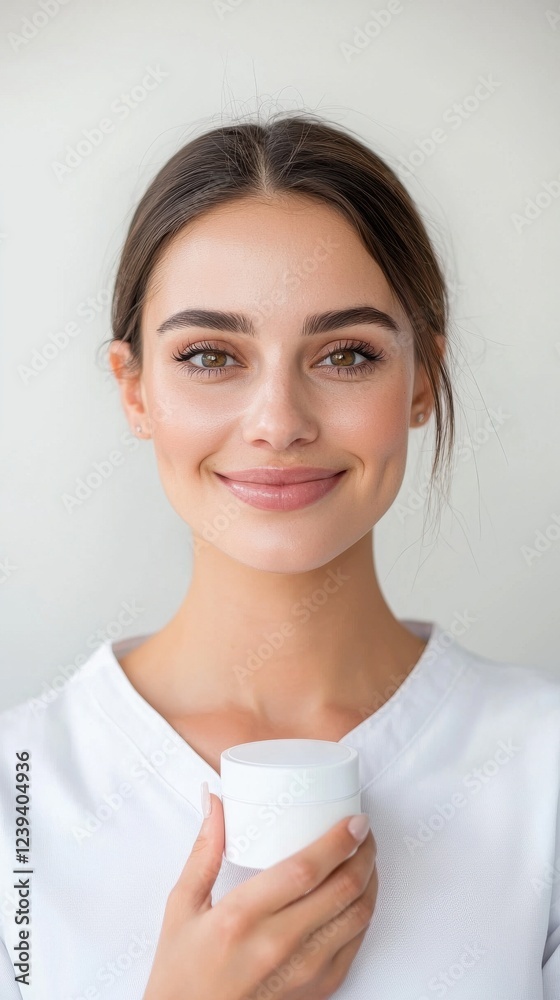 A young woman with freckles smiles gently while holding a small white jar against a bright white background. Soft, natural lighting enhances her features. The overall mood is calm and serene. A young woman with freckles smiles gently while holding a small white jar against a bright white background. Soft, natural lighting enhances her features. The overall mood is calm and serene.