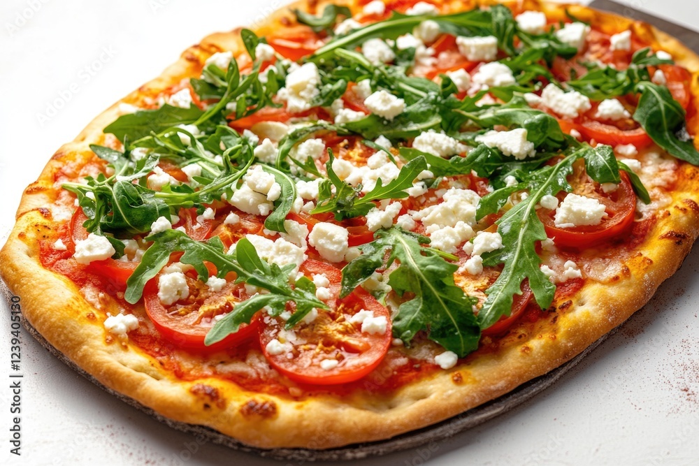 This freshly made pizza features a generous layer of feta cheese, ripe tomato slices, and vibrant basil leaves for a healthy yet indulgent meal.