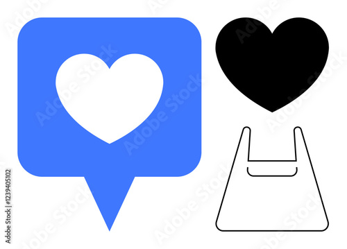 Blue social media notification with heart, black heart, shopping bag outline. Ideal for social media engagement, online shopping, consumer behavior, digital marketing, e-commerce, influencer culture