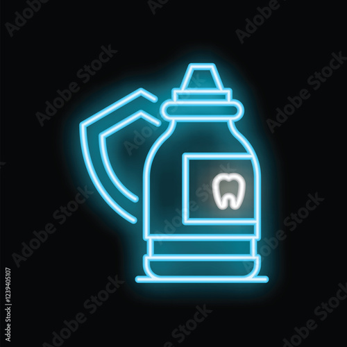 Blue neon icon of a mouthwash bottle with a shield protecting a white tooth, representing oral hygiene and dental care