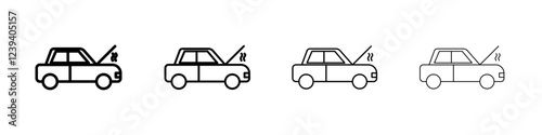 Broken car with open hood icon Flat illustration sign