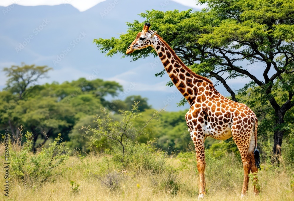 Obraz premium Giraffe standing in lush savannah with rainbow in background. Serene wildlife scene for nature and travel inspiration.