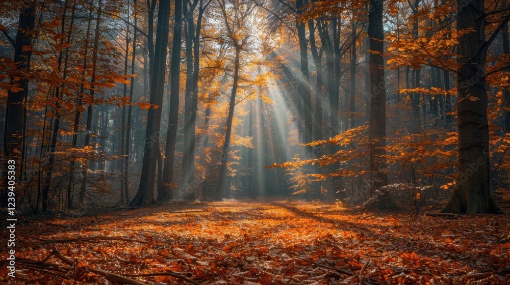 Fototapeta premium A peaceful woodland scene with sunlight filtering through the trees, casting long shadows on the forest floor covered with greenery