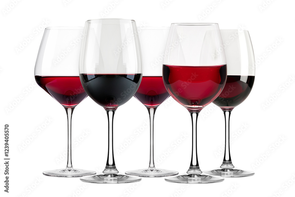Set of red wine glasses isolated on white background. Rose wine splashing in glassware. Set of red wine glasses isolated on white background. Rose wine splashing in glassware.