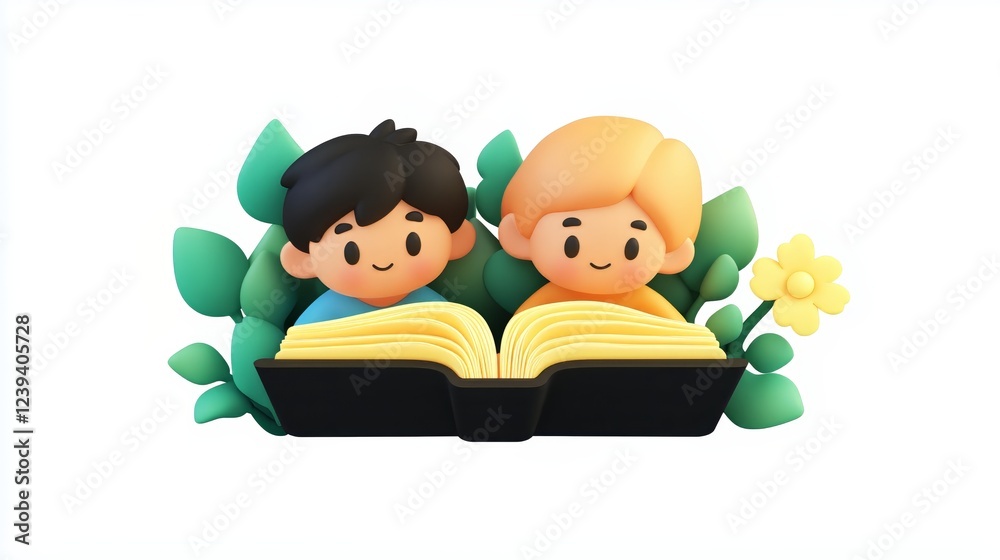 Cute kids reading book together with nature elements Cute kids reading book together with nature elements