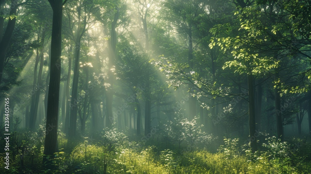 Obraz premium A serene forest scene with sunlight streaming through the tree canopy, highlighting the natural landscape of plants and grass