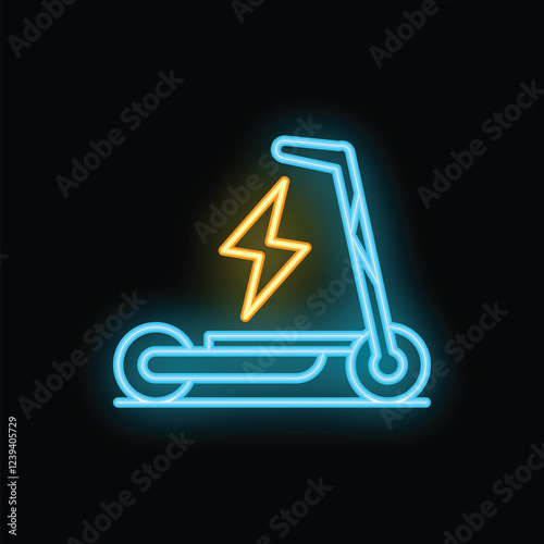 Blue and yellow neon sign showing an electric scooter with a lightning bolt, symbolizing electric transportation, on a black background