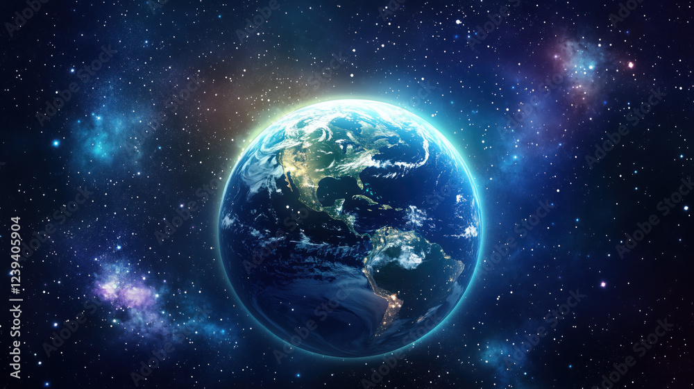 Earth Glowing at Night from Space with Twinkling City Lights Across Continents Against the Vast Dark Expanse of the Universe Earth Glowing at Night from Space with Twinkling City Lights Across Continents Against the Vast Dark Expanse of the Universe