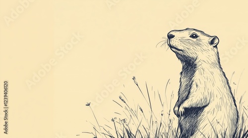 Sketch of hand-drawn groundhog among wildflowers in minimalist nature illustration with copy space