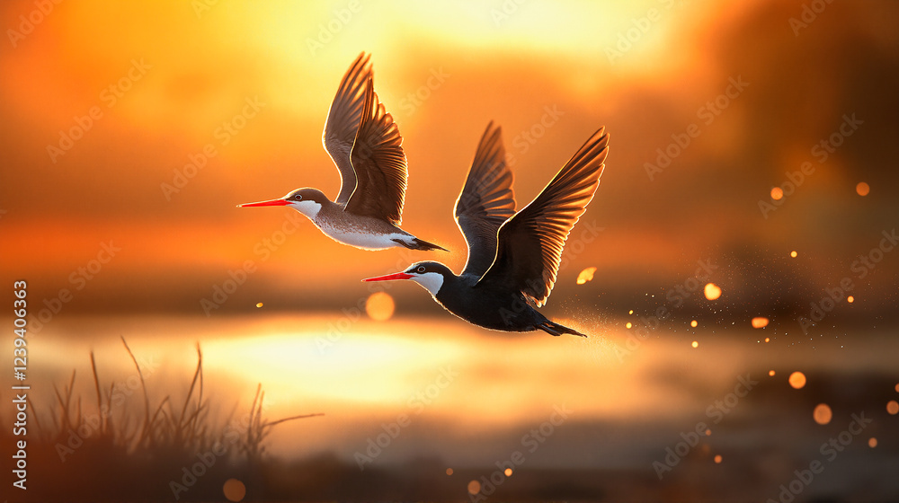 Fototapeta premium Two birds flying against sunset background 