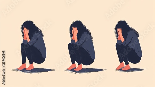 Flat Vector Illustration of a Weeping Woman Expressing Emotions of Grief and Sadness