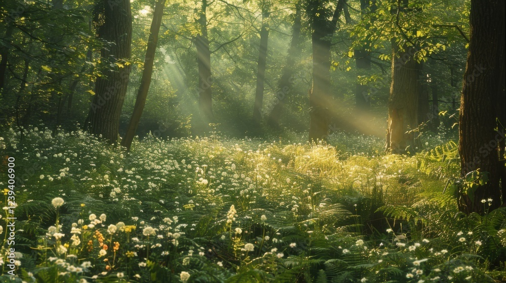 Fototapeta premium A serene forest scene with sunlight streaming through the tree canopy, highlighting the natural landscape of plants and grass