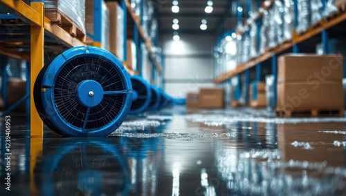 Industrial fans in a warehouse for water extraction and moisture control. 
