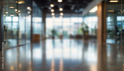 Blurred hotel or office building lobby blur background interior view toward reception hall, modern luxury white room space with blurry corridor and building glass wall window