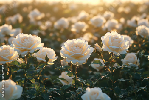 White roses bloom in a sunlit field during the golden hour, creating a serene and picturesque landscape that captures the beauty of nature