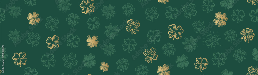 Gold Clover pattern on green, Saint Patricks Day, hand drawn illustrations. Gold Clover pattern on green, Saint Patricks Day, hand drawn illustrations.