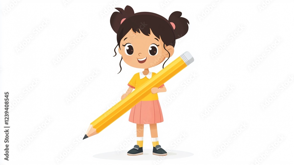 Smiling School Girl Holding an Oversized Pencil for Educational Concepts Smiling School Girl Holding an Oversized Pencil for Educational Concepts