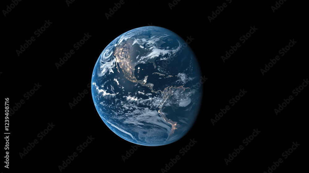 Stunning View of Earth at Night with Glowing City Lights, Highlighting Bustling Urban Centers and Contrasting Dark Uninhabited Regions Stunning View of Earth at Night with Glowing City Lights, Highlighting Bustling Urban Centers and Contrasting Dark Uninhabited Regions