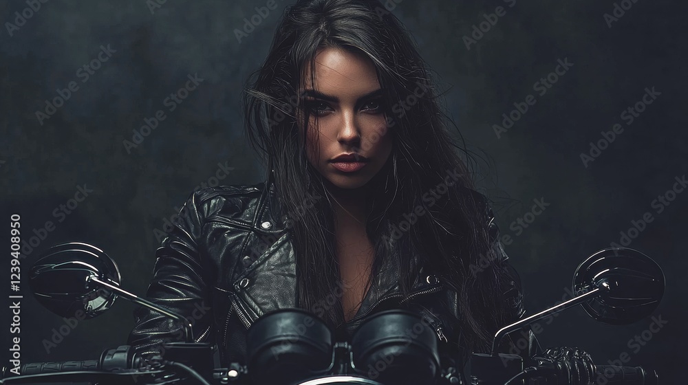 Young woman in a leather jacket sitting on a motorcycle with an intense expression in a dark setting Young woman in a leather jacket sitting on a motorcycle with an intense expression in a dark setting