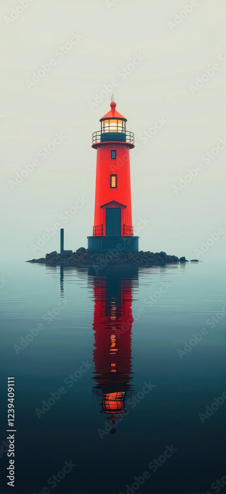 red lighthouse on a small rocky island with reflection in calm water red lighthouse on a small rocky island with reflection in calm water