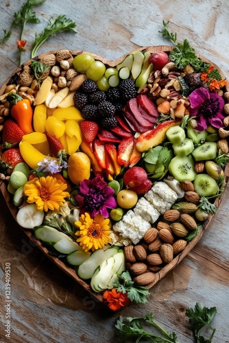 A visually appealing and nutritionally rich fruit and vegetable dish arranged in the shape of a heart, symbolizing love for healthy eating. photo