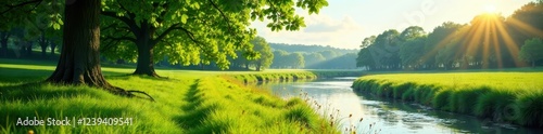 The soft rustle of leaves as the wind blows through the lush meadow and alongside the river, scenery, countryside