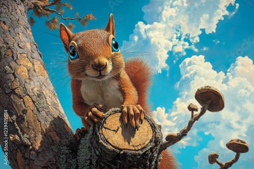 In this portrait, a red squirrel with fluffy fur is framed by summer clouds and a tree trunk background