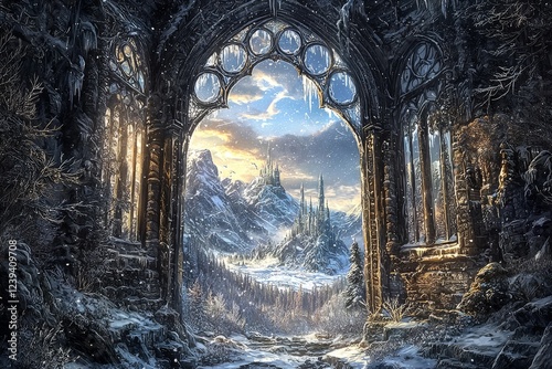 Centuries-old stone castle, utilized only in winter, surrounded by a whiteout landscape reminiscent of a fantasy novel, including Stock.