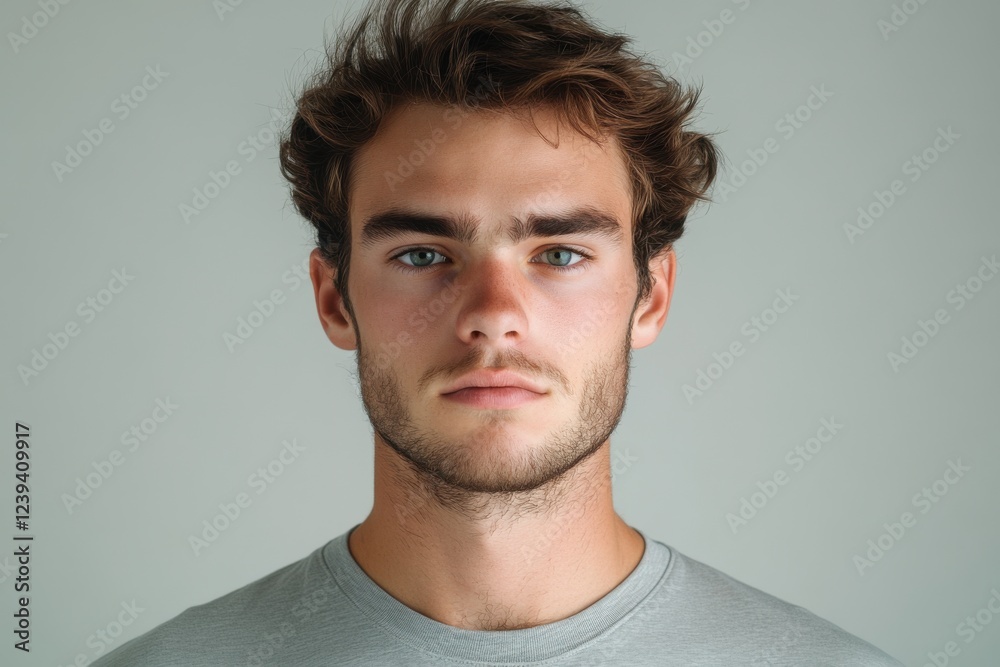 Fototapeta premium Young man with a serious expression posing against a neutral background in a casual grey t-shirt during indoor lighting conditions