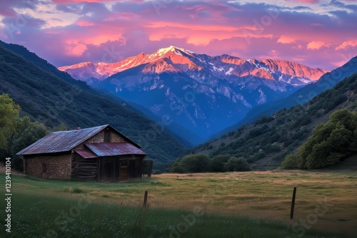 By applying the rule of thirds, the rural retreat's grand mountain vista is captured with stunning effect